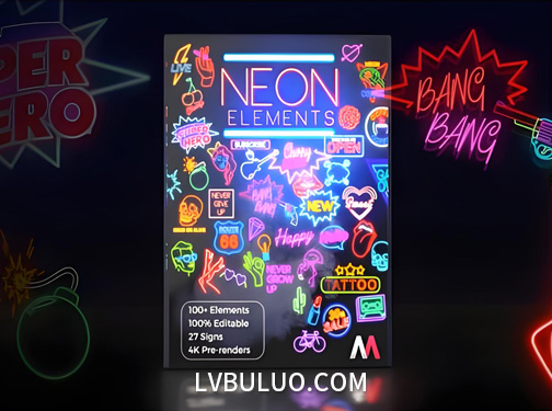 AE模板-100种现代时尚霓虹发光图形动画元素包 Neon Elements 4K