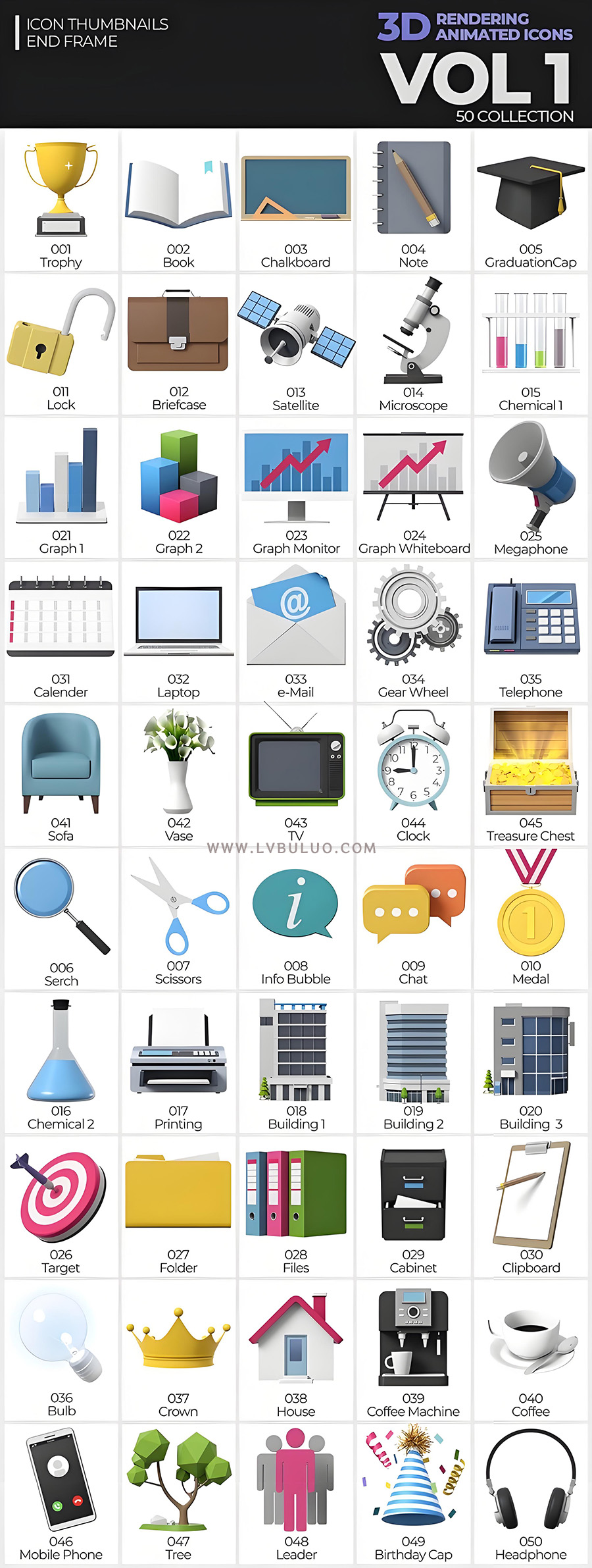 视频素材-50个卫星桌椅办公等等日常实用三维图标动画 3D Animated Icons Vol1