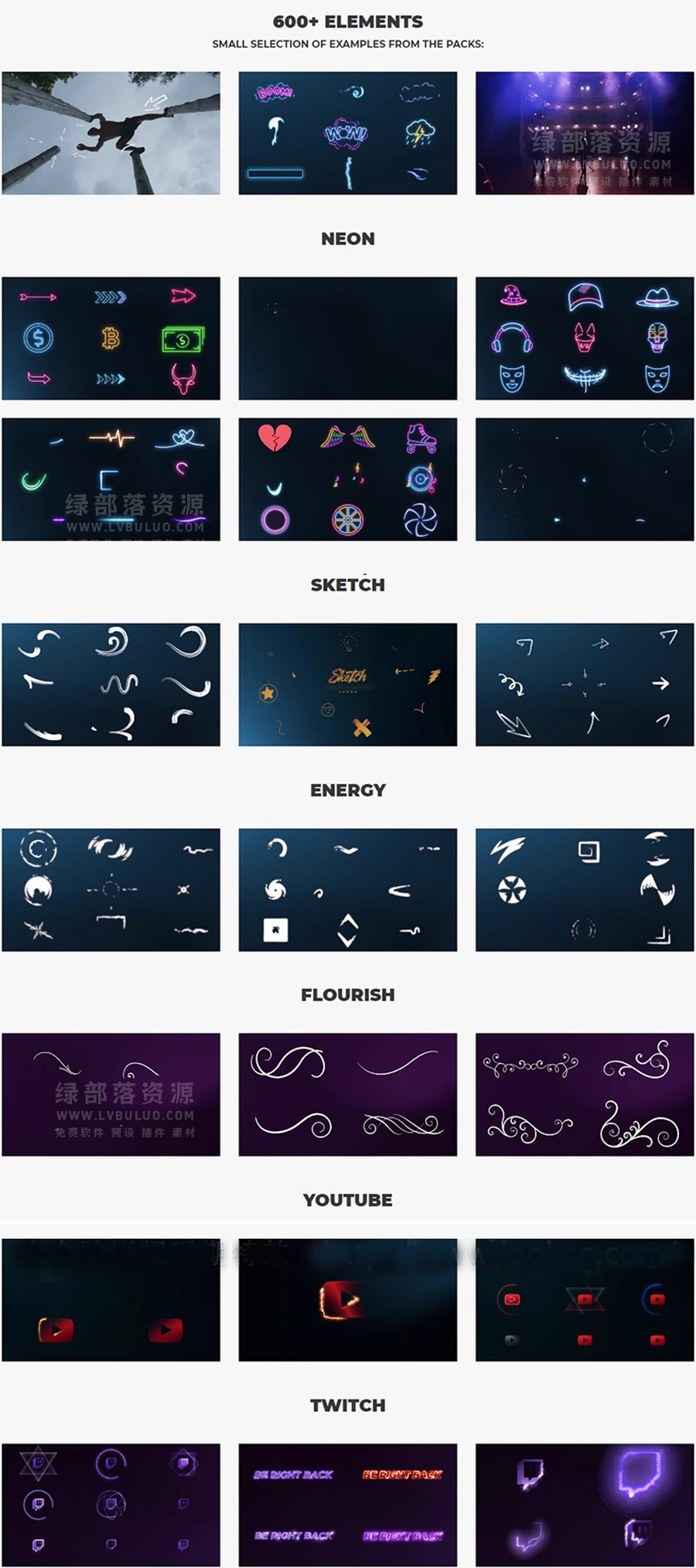 6K视频素材-600个霓虹灯线条手绘卡通发光能量图形动画效果 Bounce Color – Animated Elements Bundle
