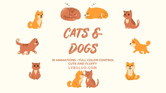 16个手绘卡通版可爱的小猫小狗动画视频素材 Cats And Dogs Hand Drawn Pack