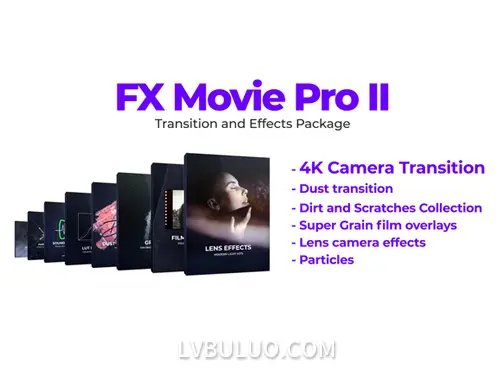 怀旧老电影噪点划痕做旧效果炫光光效烟雾转场+LUTs调色+音效+视频素材包 FX Movie Pro 2