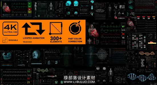 AE模板 300个科技生物医疗人物超声波脑电图CT神经界面元素HUD动画 Medical Pack 18 Screens