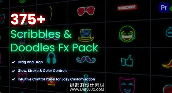 AE/PR模板 375个卡通创意图形表情综艺手绘霓虹发光动画 Scribbles Doodles FX Pack