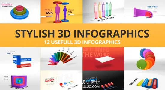 AE模板 12组三维立体信息数据统计增长图表动画 Stylish 3D Infographics