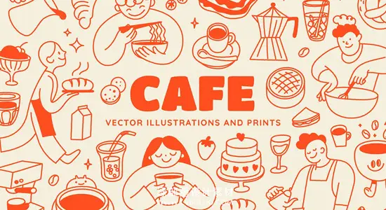矢量素材 140个手绘咖啡馆主题人类宠物美食饮料鲜花图标 Cafe, vector illustrations, prints