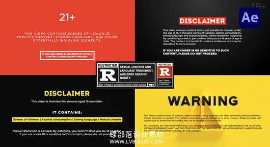 AE模板 视频片头年龄限制警告声明视频免责提示动画 Disclaimer & Warning Elements