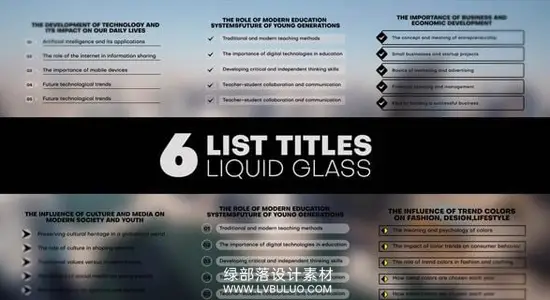 AE模板 时尚液体玻璃模糊背景动态列表标题动画 Liquid Glass List Titles