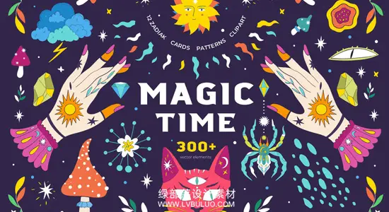 矢量素材 300+魔法时间钻石树叶天体星球奇异生物花卉线条手绘插画卡片海报 Magic Time