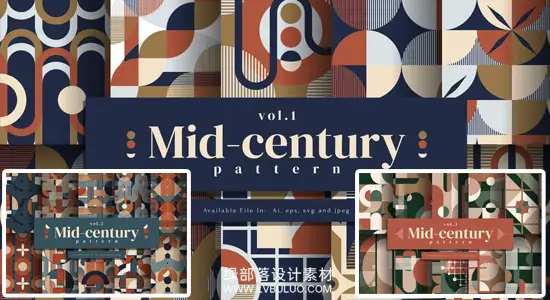 矢量素材 30款中世纪欧洲宫廷风格文化艺术插图无缝纹理 Mid-century pattern Vol.1 2 3合集