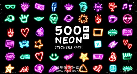 AE/PR模板 484个创意涂鸦综艺霓虹发光图形贴纸动画 Neon Stickers Pack