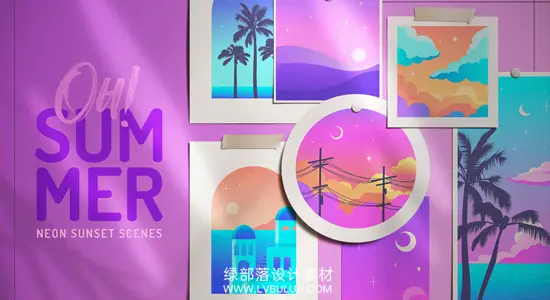 矢量素材 12个90年代炫彩霓虹夏日度假海报插画设计 Oh Summer! Neon sunset scene set