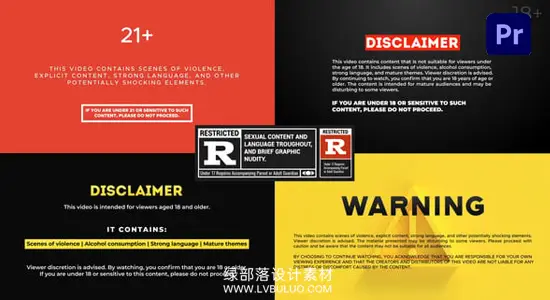 PR模板 视频片头年龄限制警告声明视频免责提示动画 Disclaimer & Warning Elements