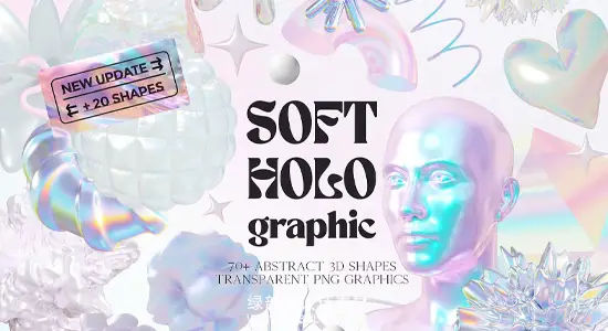 图片素材 74款酸性艺术全息虹彩渐变纹理3D几何图形 Soft Holo Iridescence 3D Shapes