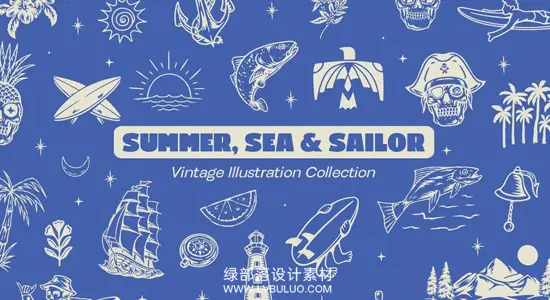 矢量素材 110个复古夏日海滩旅行冒险手绘插画元素 Summer, Sea & Sailor – Vintage Adventure Illustration Set