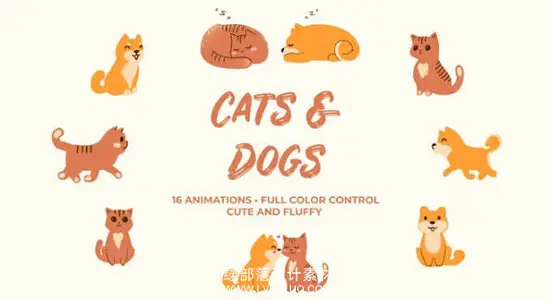 视频素材 16组手绘小猫小狗各种动作循环动画 Cats And Dogs. Hand Drawn Pack