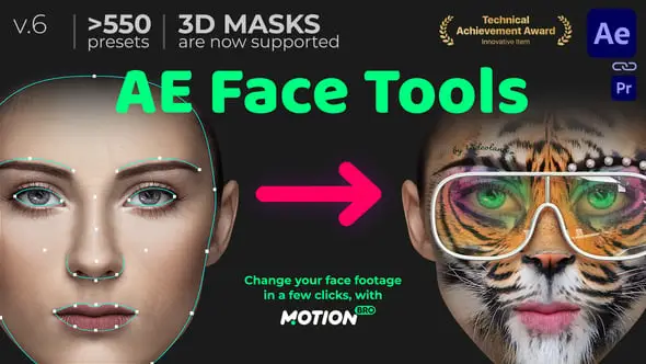 AE预设 500+人脸面部追踪换脸表情丑化化妆美颜扭曲特效 AE Face Tools v6.0.1