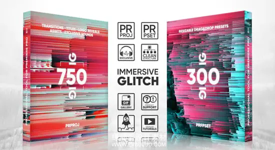 PR模板/预设 1050种数字故障干扰毛刺转场标题LOGO音效 Glitch Transitions, Presets, Titles, Logos, Assets, Sound FX Pack