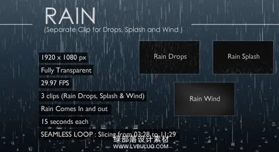 视频素材 3组模拟下雨场景特效动画 Rain Separate Clip for Drops, Splash and Wind