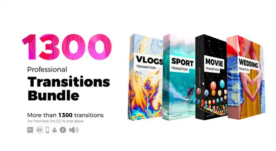 PR模板 1300个缩放旋转平移水墨光效转场预设 Transitions Bundle 4 in 1