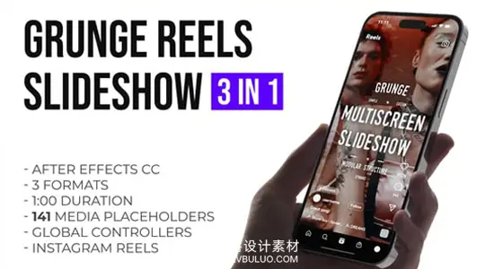 AE模板 多屏分屏摇滚风格竖屏快拍幻灯片动画 Grunge Grid Multiscreen Slideshow Reels and Stories