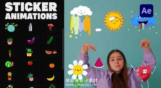 AE模板 25个手绘自然动植物水果天气表情符号贴纸动画 Nature Emoji Stickers Animations