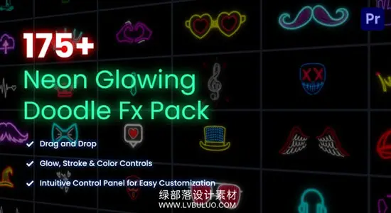 AE/PR模板 175个霓虹涂鸦发光图标图形动画 Neon Glowing Doodle Pack