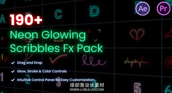 AE/PR模板 190种霓虹发光涂鸦线条字母图形动画 Neon Glowing Scribble & Typeface Pack