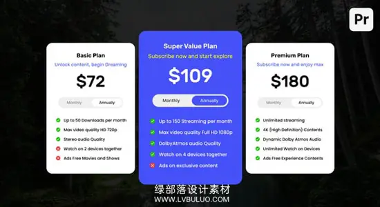 PR模板 网站程序会员订阅价格对比卡片动画