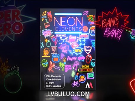 AE模板-100种现代时尚霓虹发光图形动画元素包 Neon Elements 4K